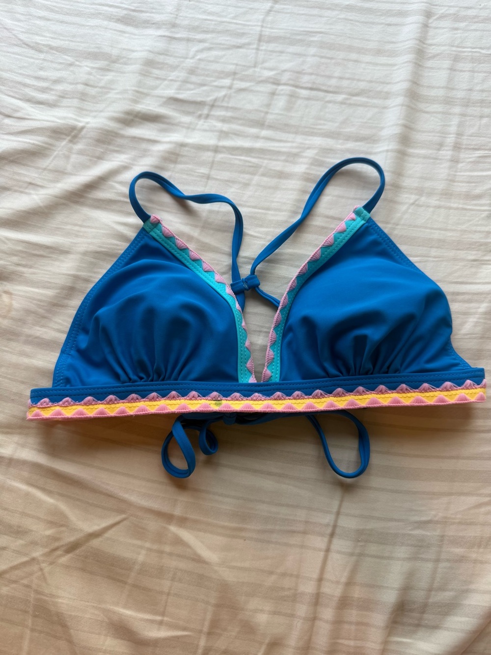 SHEIN Bright Blue Triangle Bikini Top with Pink and Yellow Trim